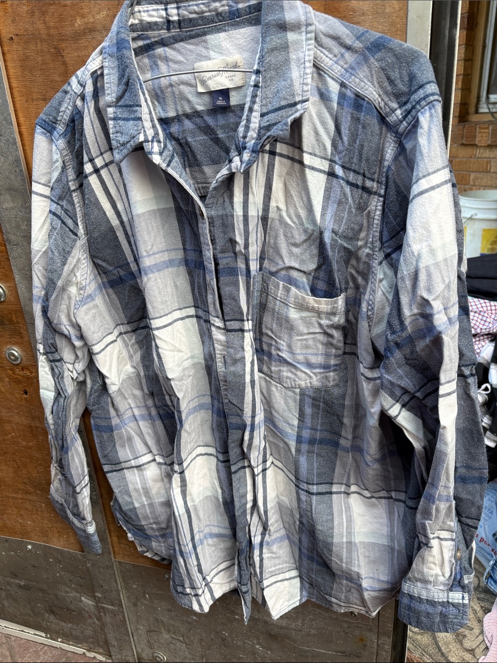 Blue and White Plaid Button-Up Flannel Shirt